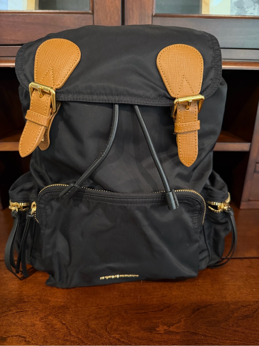 Burberry Black Backpack with Tan Leather Accents